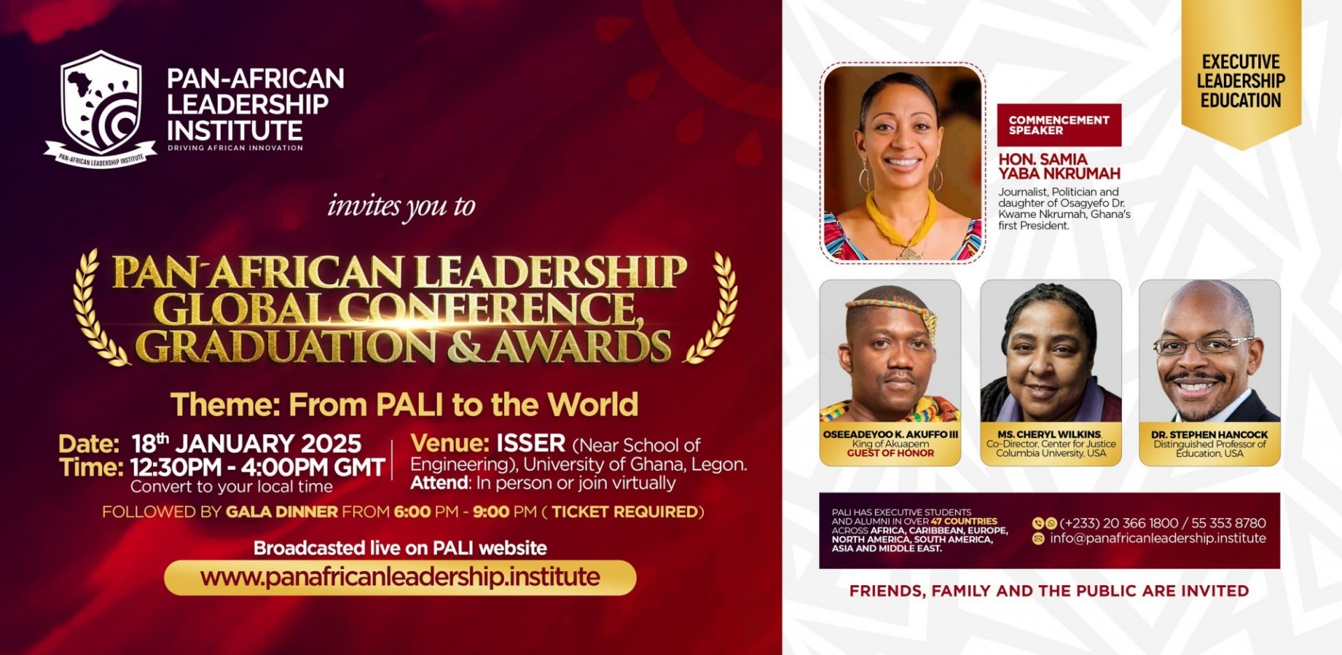Red background with speaker photos and text "Pan-Africa Leadership Global Conference: Theme: From PALI to the World"