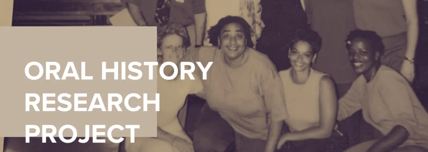Group of College Bound participants inside Bedford Hills with a beige overlay and text that says "Oral History Research Project"