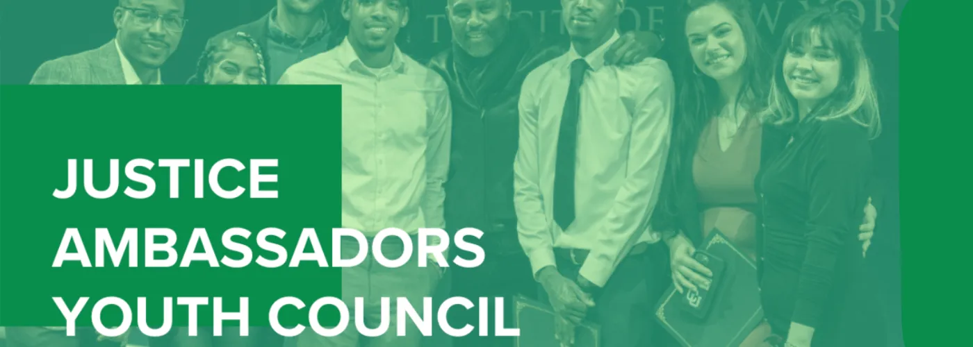 Group photo of Justice Ambassador participants with green overlay and text that says "Justice Ambassadors Youth Council"