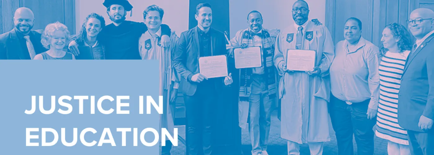 Justice in Education with group pic of Columbia graduates from the Center for Justice