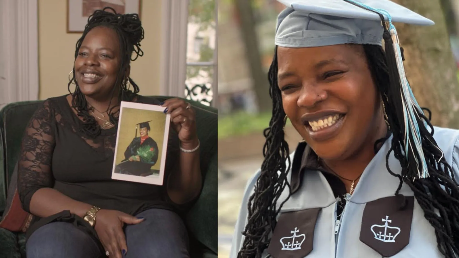 On the left, a woman holding up a picture of herself at a graduation and smiling. On the right, that same woman smiling in a light blue Columbia graduation cap and gown 