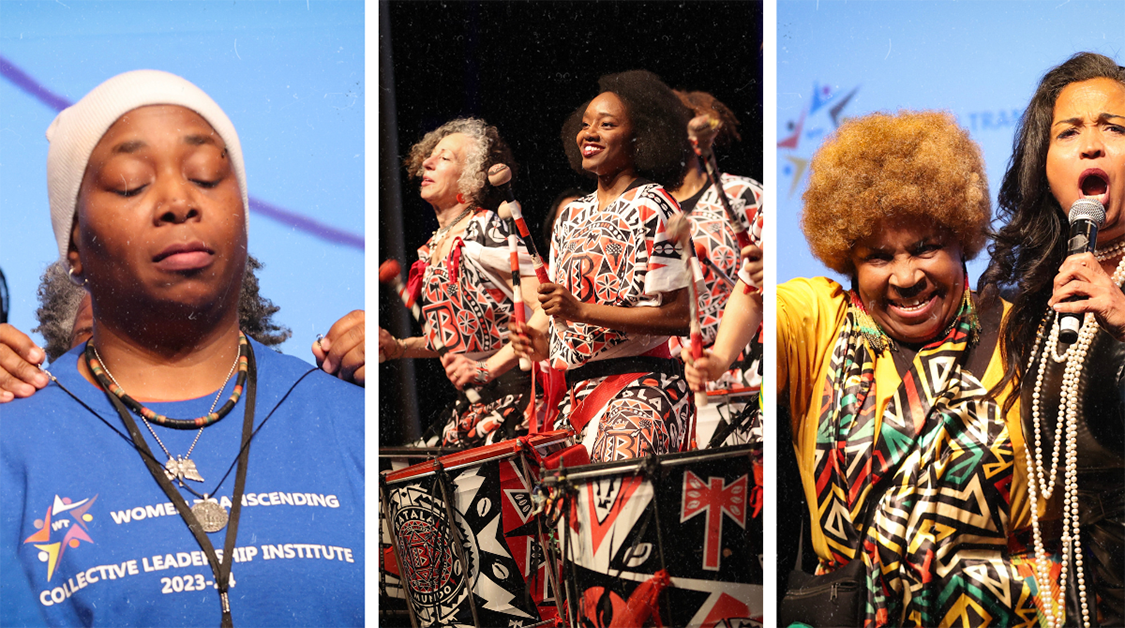 On the left, a woman with a necklace being placed on her by a woman behind her; in the middle, drummers with black, white and red, attire; on the right, two women on stage the one on the left smiling, the one on the right talking into a microphone