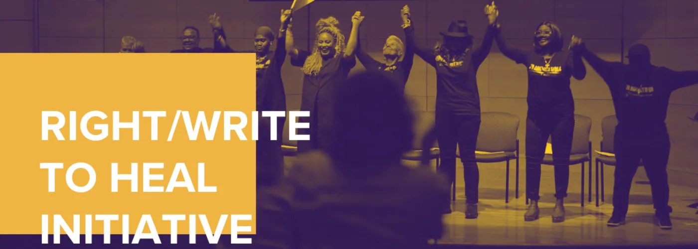 Women in black shirts holding hands while raising them together to take a bow after a performance with yellow overlay and the words Right/Write to Heal Initiative
