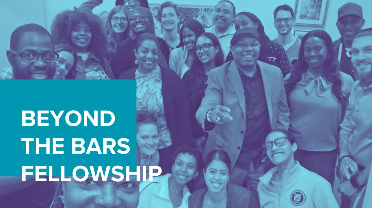 Beyond the Bars fellows group photo with turquoise overlay and text that says "Beyond the Bars Fellowship"
