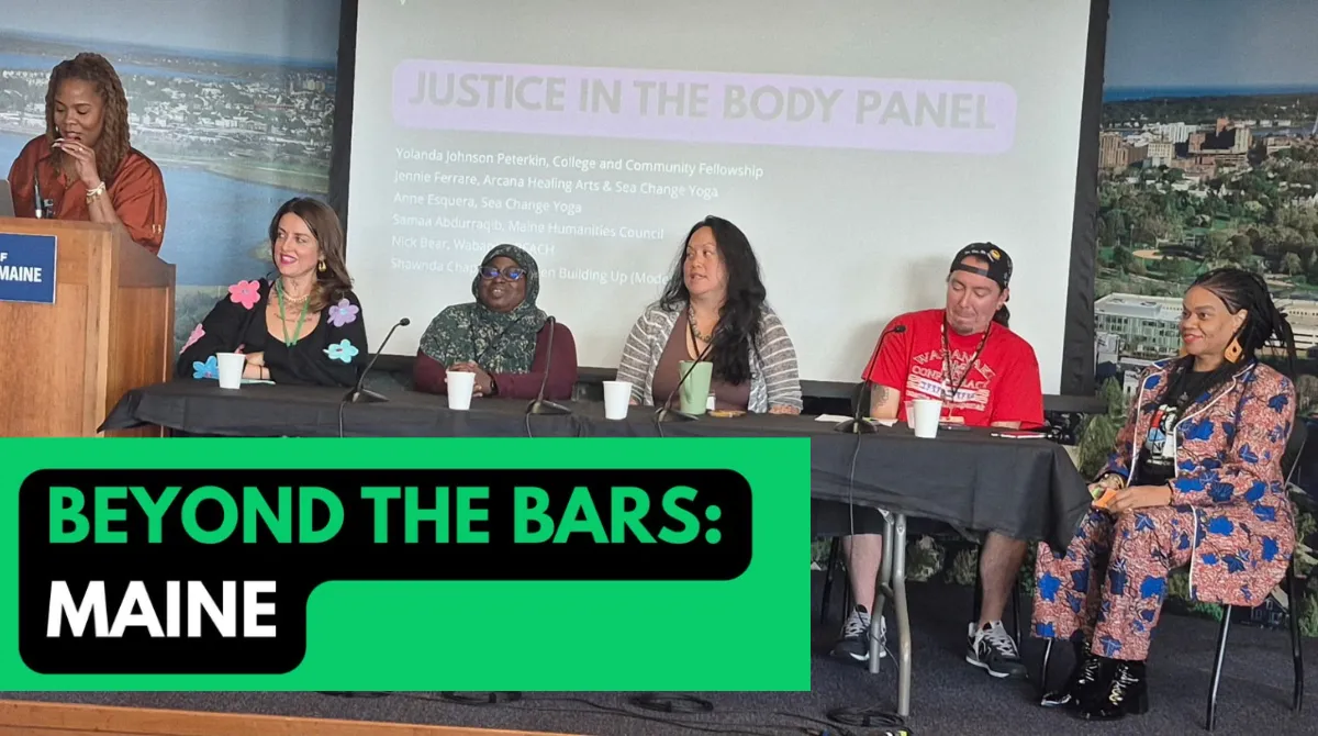 Beyond the Bars Maine text on top of a photo of a panel of speakers