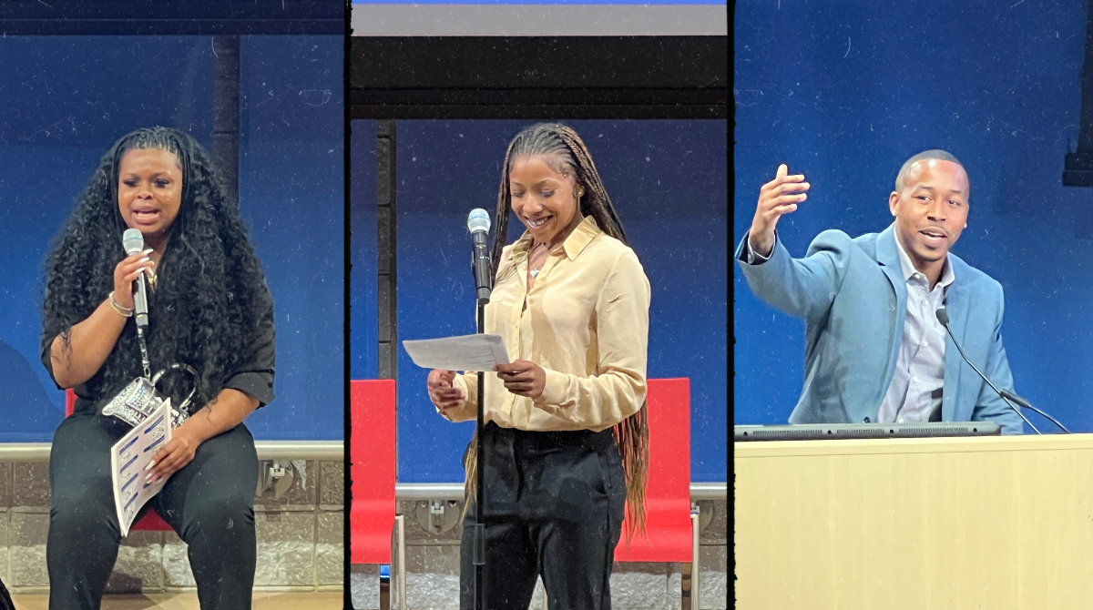 Three photos of people speaking at mics
