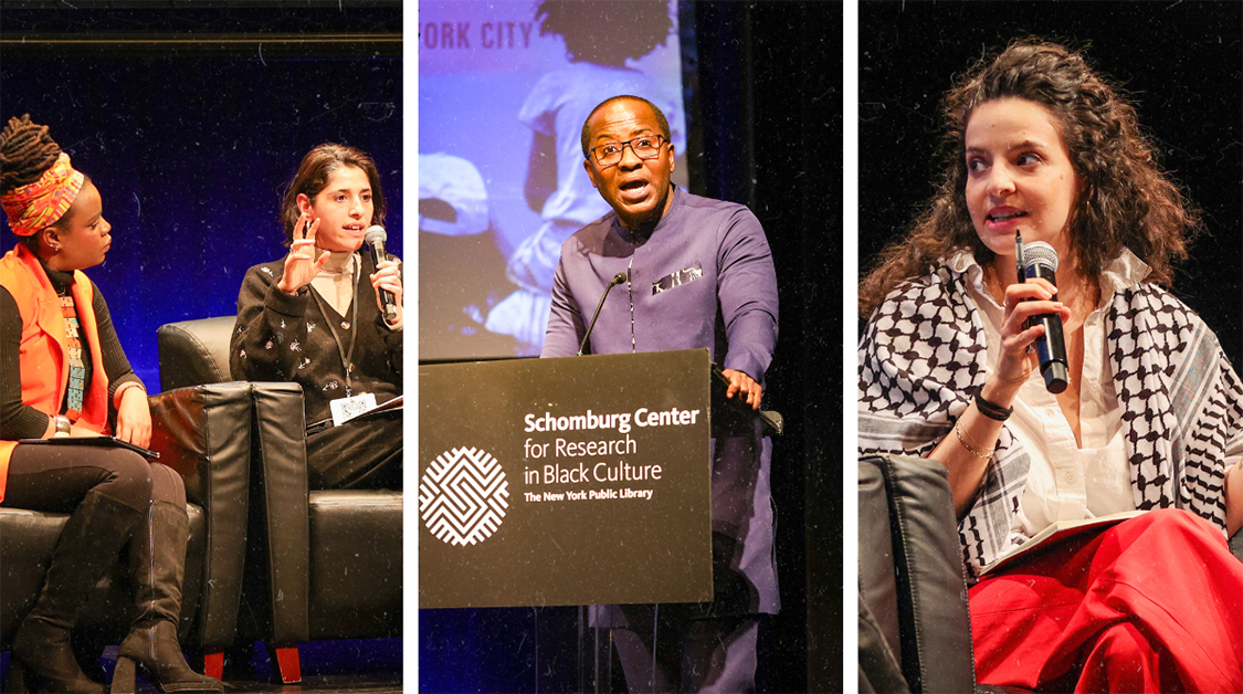 On the left, two panelists seated, one with a microphone and the other listening intently; in the middle, a man dressed in all purple and wearing glasses standing at a podium speaking; on the left, a woman seated speaking into a microphone and wearing a Palestinian keffiyeh