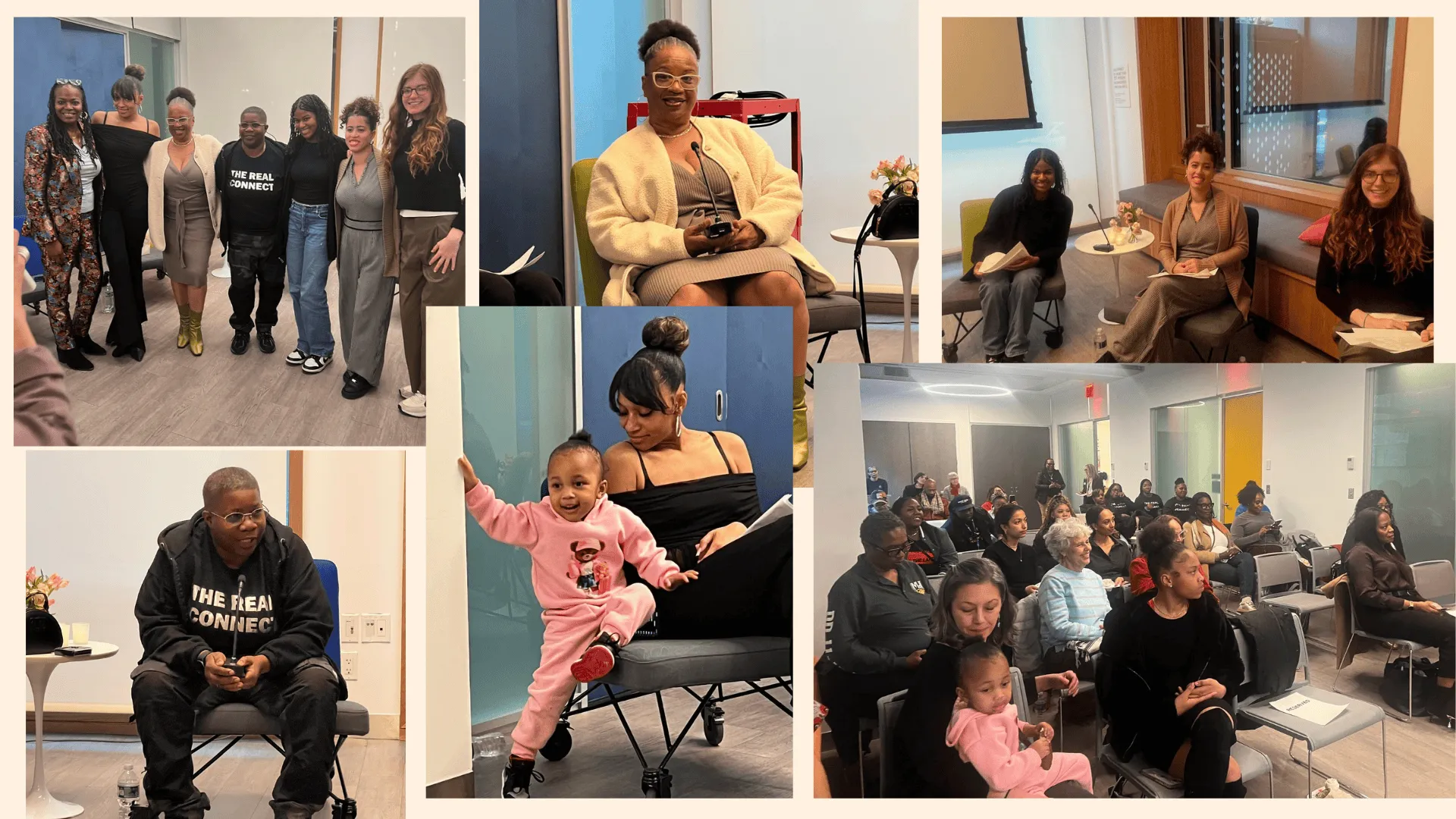 A collage of photos of people posing, sitting in chairs, and speaking at an event
