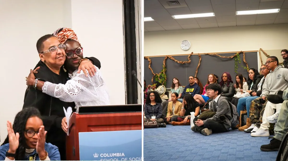 Image on the left is own two women hugging behind a podium, image on the right is a group of people sitting in chairs and on the floor in a classroom with brown paper roots and green vines on the wall behind them