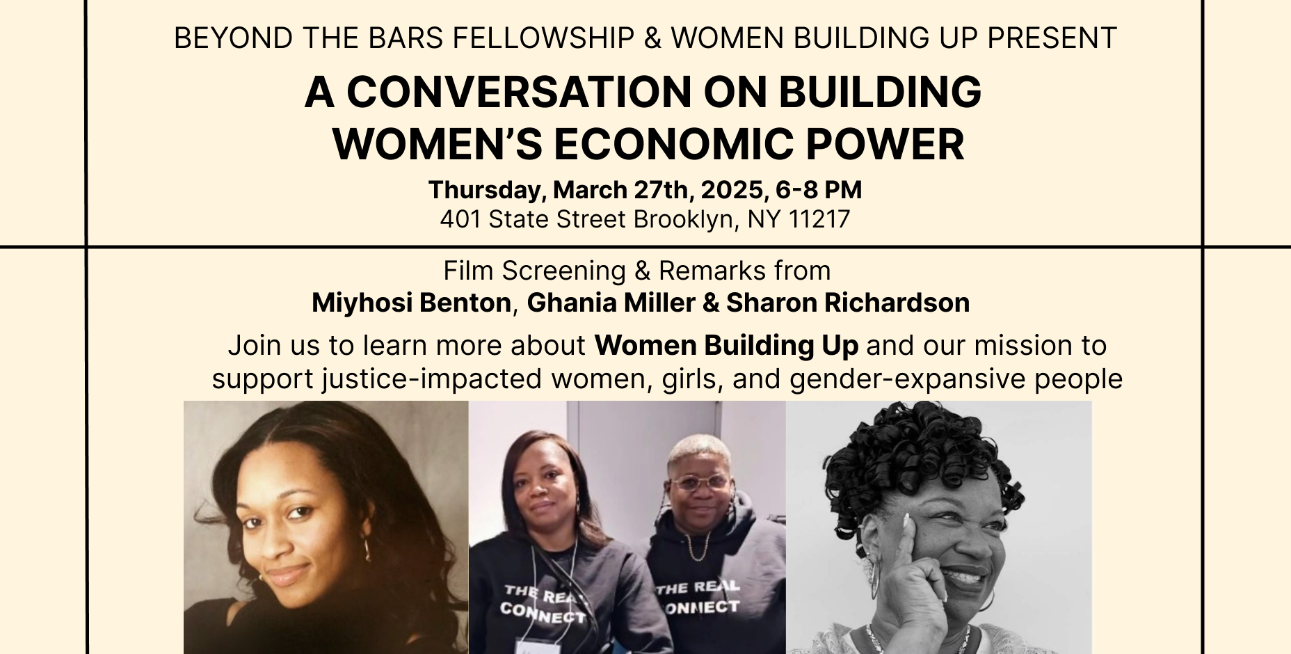 Beyond the Bars Fellowship and Women Building Up Present: A Conversation on Building Women's Economic Power, Thursday March 27, 6–8pm