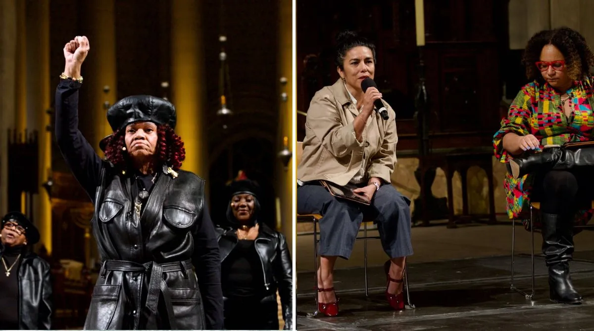 Side by side images. One on the left is a woman with her fist in the air and two women behind her doing the same. Photo on the right is a woman sitting down holding a microphone and a woman sitting to her right. 