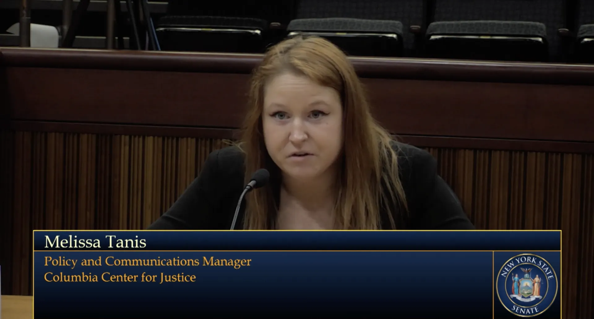 Screenshot of Policy and Communications Manager Melissa Tanis testifying at Senate Hearing