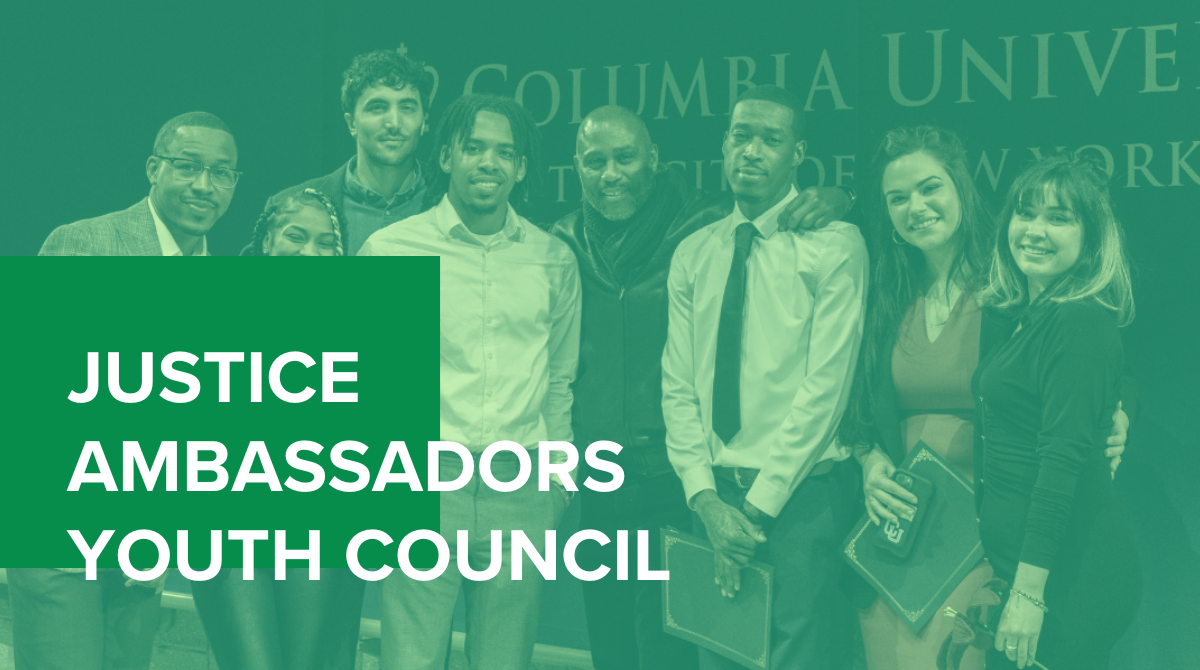 Group photo of Justice Ambassador participants with green overlay and text that says "Justice Ambassadors Youth Council"