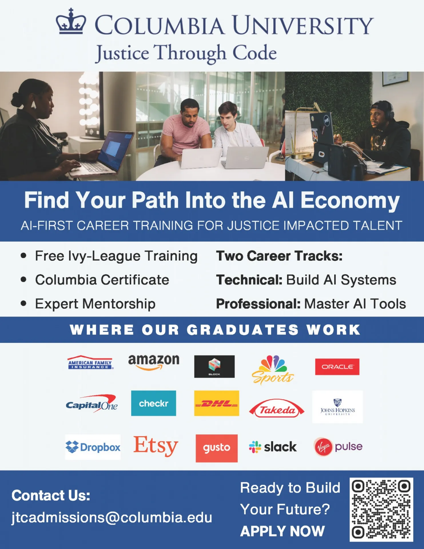 Flyer with information about Justice Through Code at Columbia University