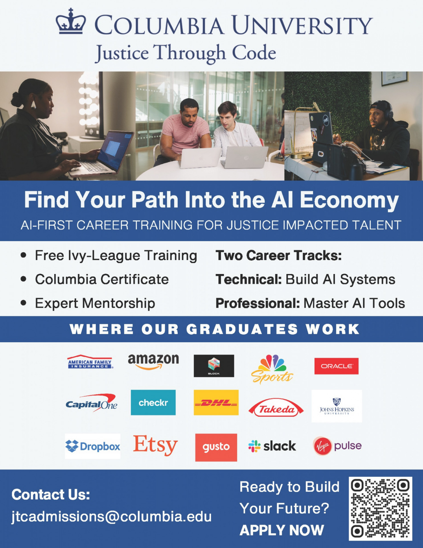 Flyer with information about Justice Through Code at Columbia University