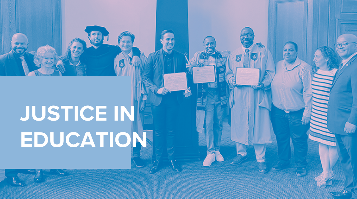 Justice in Education with group pic of Columbia graduates from the Center for Justice