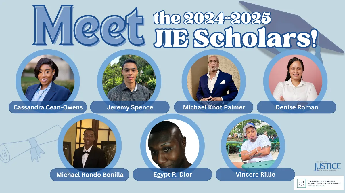 Light blue background with text overlay that says "Meet the 2024-2025 JIE Scholars!" With 7 circles with photos inside of headshots 