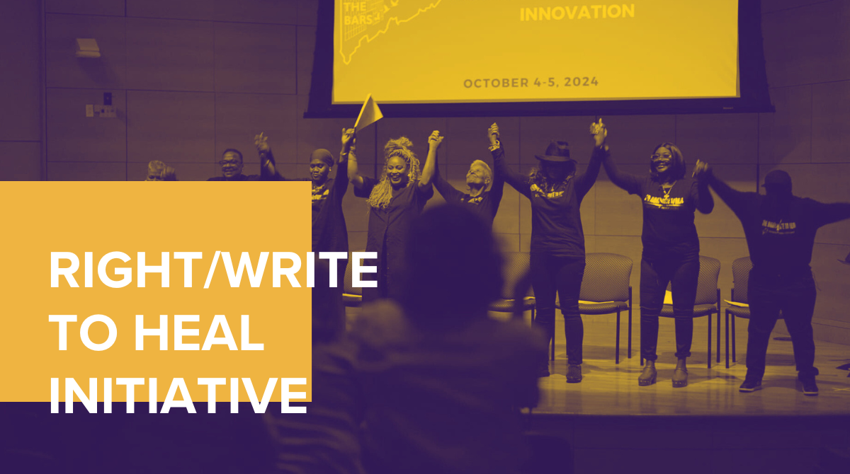 Women in black shirts holding hands while raising them together to take a bow after a performance with yellow overlay and the words Right/Write to Heal Initiative