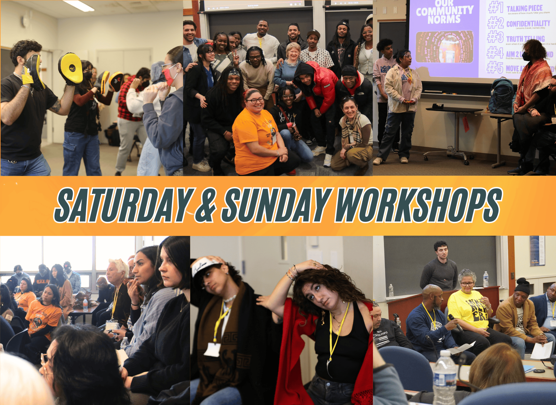 Collage of photos with the text Saturday and Sunday Workshops