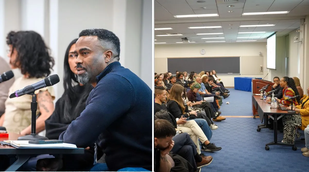 Image on the left is of a man speaking on a panel in front of a microphone, image on the right is a classroom filled with people sitting in front of a table of panelists with microphones