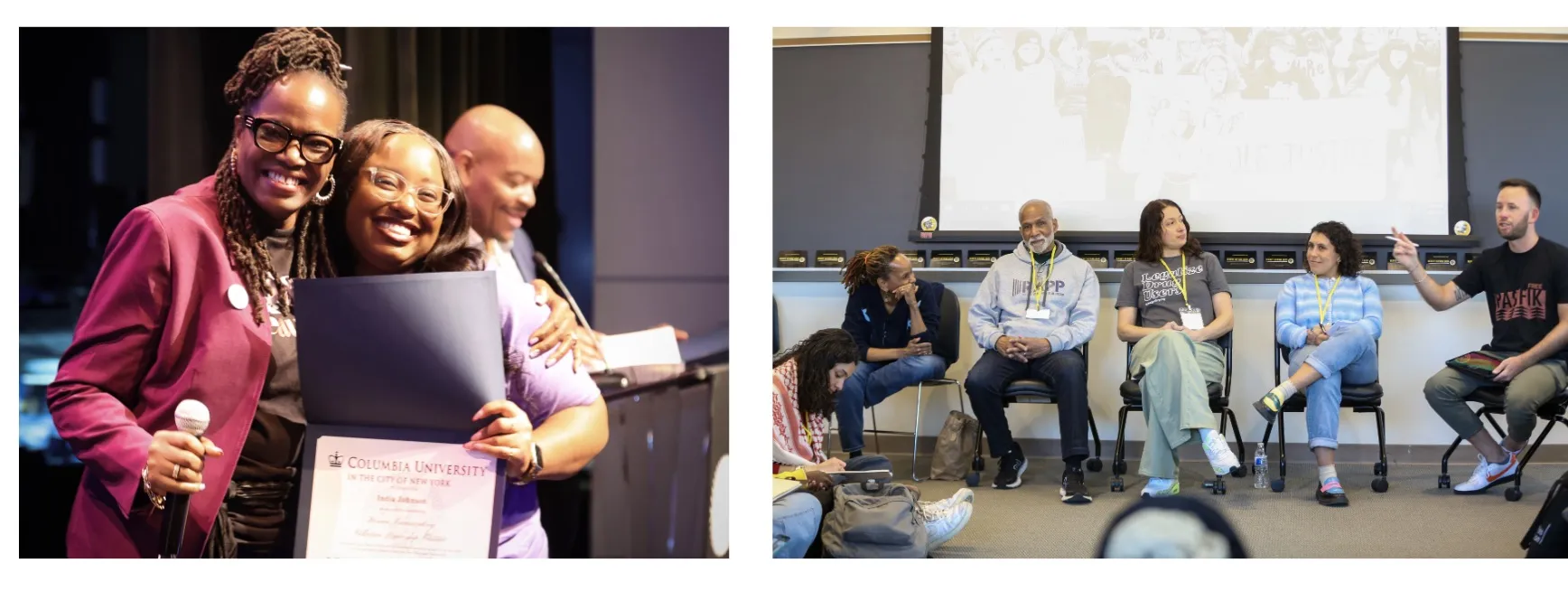 Photo on the left is two women posing together with one holding up a graduation diploma/certificate. Photo on the right is five people sitting in chairs on a panel and one person speaking. 