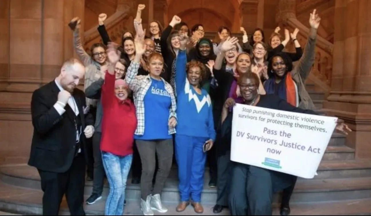 Group of people with fists up in the air standing on steps with a sign that says "Pass the DV Survivors Justice Act"
