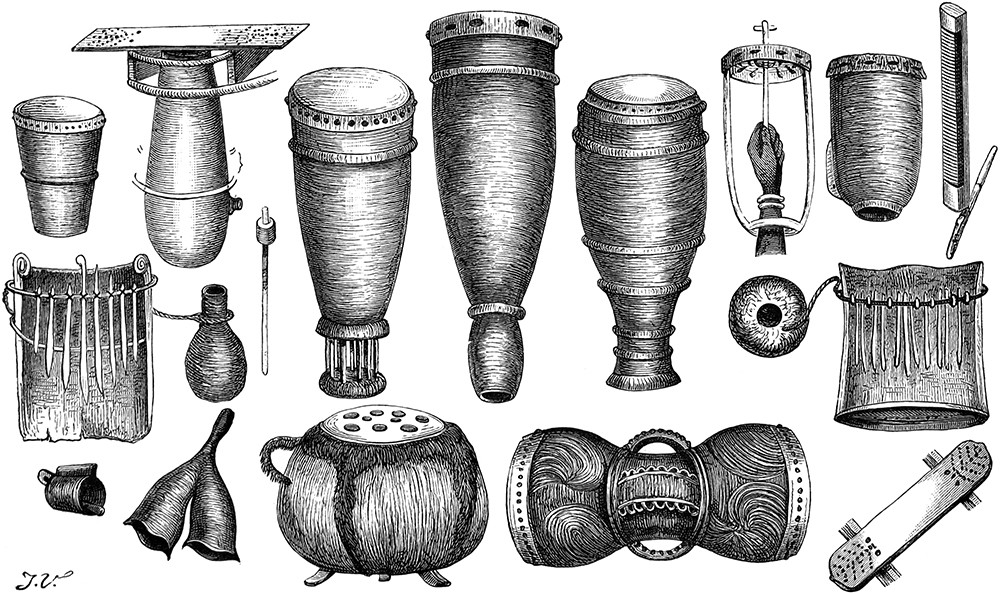 Black and white illustrations of musical instruments