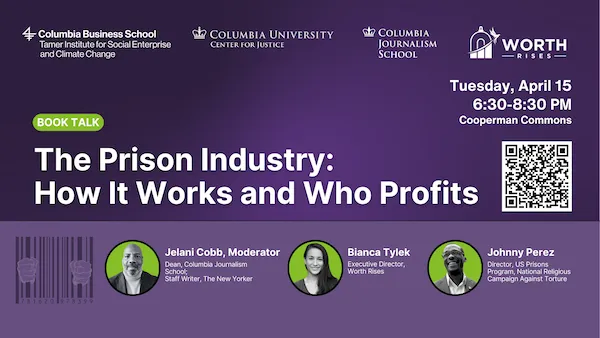 Purple background with three headshots of speakers and title "The Prison Industry: How It Works and Who Profits"