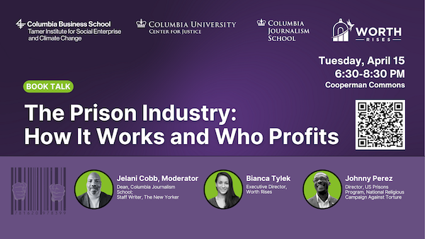 Purple background with three headshots of speakers and title "The Prison Industry: How It Works and Who Profits"