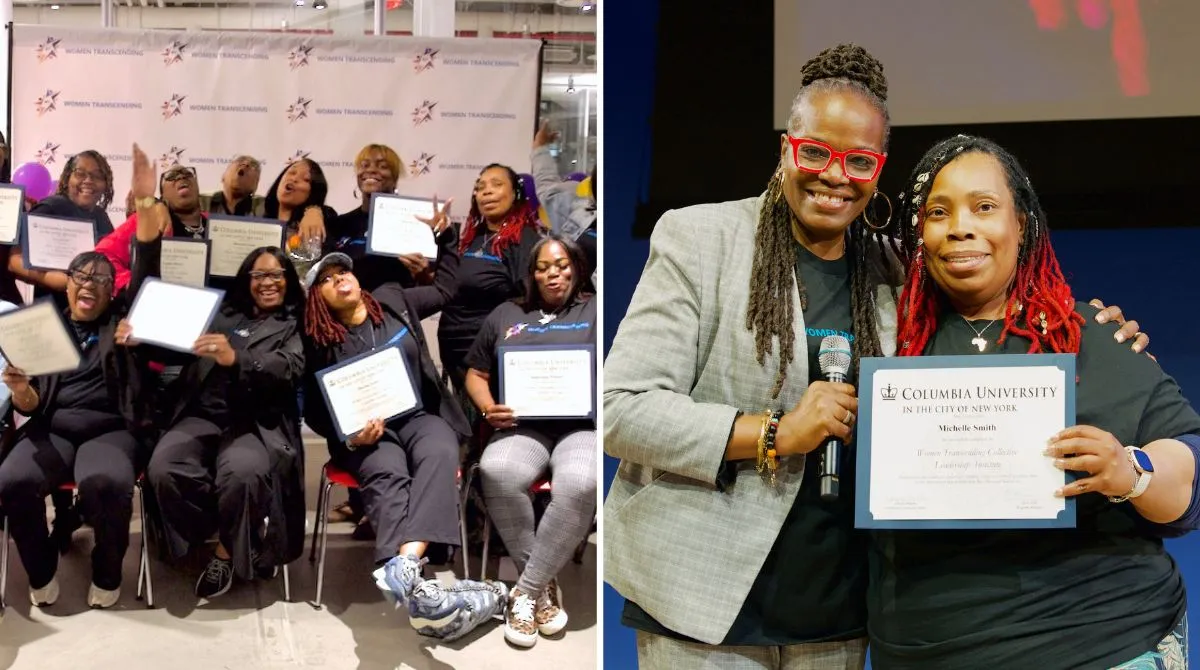Two side by side photos, one with a group of women sitting down holding up certificates, and one of two women standing next to each other holding up a certificate