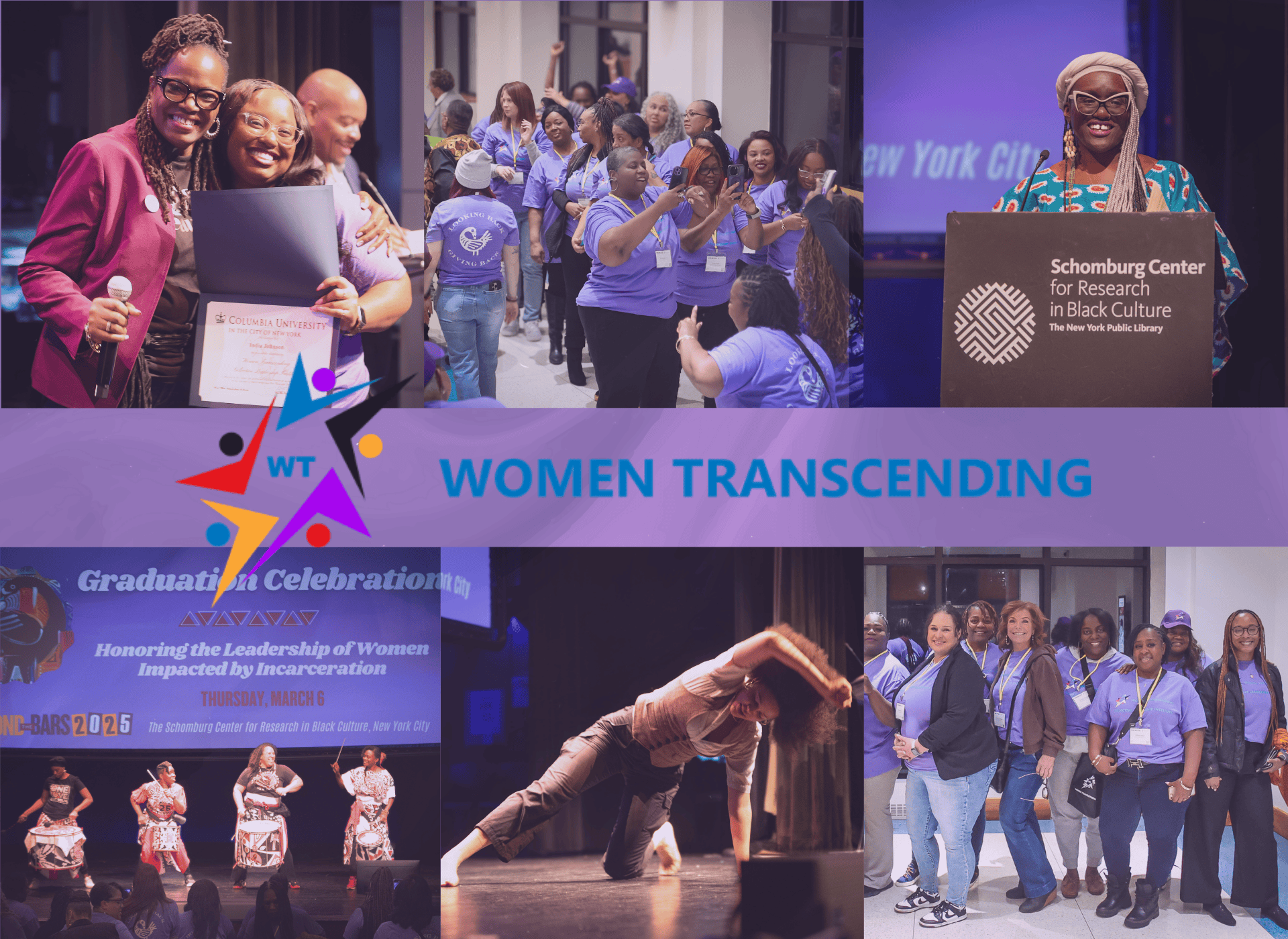 Six square photos with the Women Transcending logo in the middle