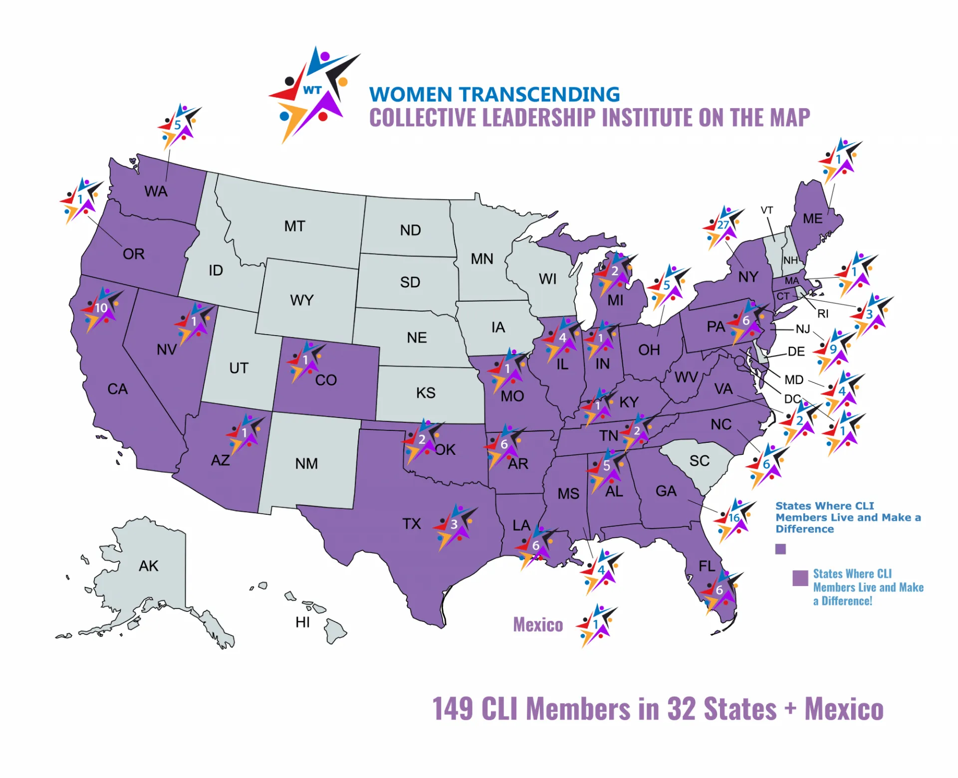 Map of the US with states in purple where Collective Leadership Institute Members are from