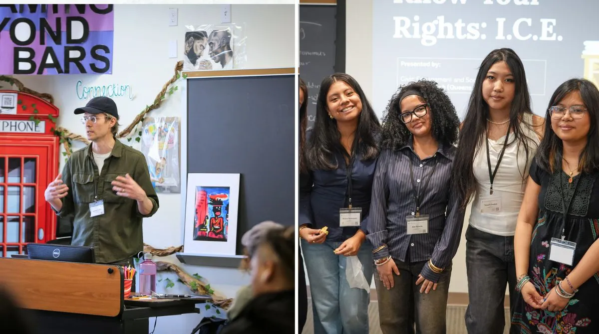 Image on the left is a man standing behind a desk speaking to a room with a chalkboard and artwork behind him, image on the right is a group of young people standing together in front of a screen that says "Know Your Rights: ICE"
