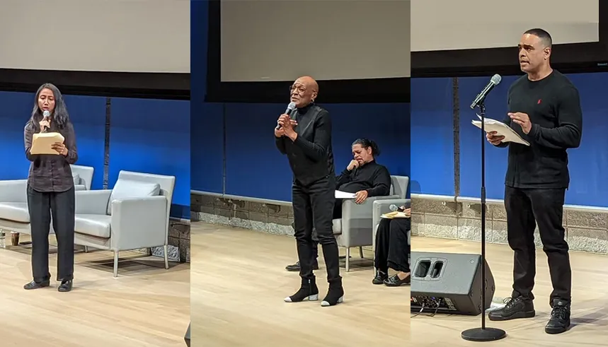 Three images of actors at the Echoes of Attica Play