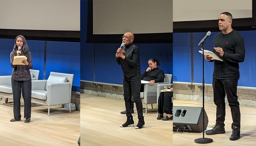 Three images of actors at the Echoes of Attica Play