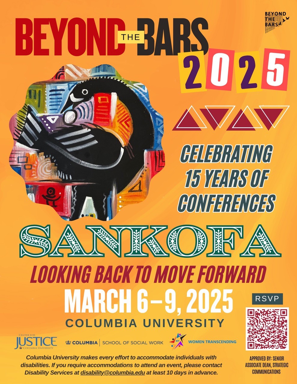 Promotional poster for the Center for Justice at Columbia University's "Beyond the Bars 2025" conference, themed "Sankofa: Looking Back to Move Forward," scheduled for March 6-9, 2025.