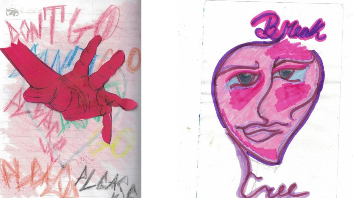 Two pieces of artwork, one with a hand reaching out and one of a face that says "break free"