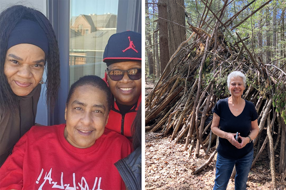 Photo on the left is a selfie of three of the Right/Write to Heal members, photo on the right is of one woman standing in front of some trees at a wellness center
