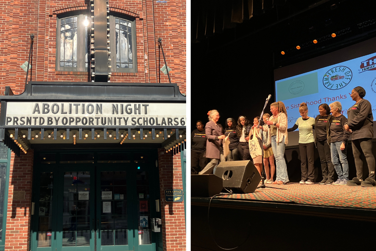 Photo on the left is the outside of a theater that has a sign that says "Abolition Night", photo on the right is of the Right/Write to Heal Group on stage