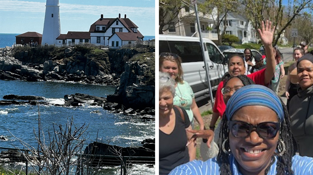Photo on the left is of a lighthouse in Maine, photo on the right is a selfie of the group of the Right/Write to Heal group