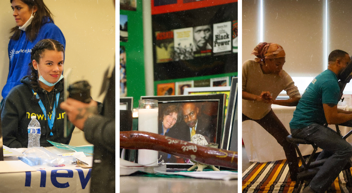 On the left, a woman sitting at a table smiling with a cover on the table that says "New Hour"; in the middle a table with a stick on it and picture frame of two people smiling; on the right, a picture of a woman giving a chair massage in the healing room