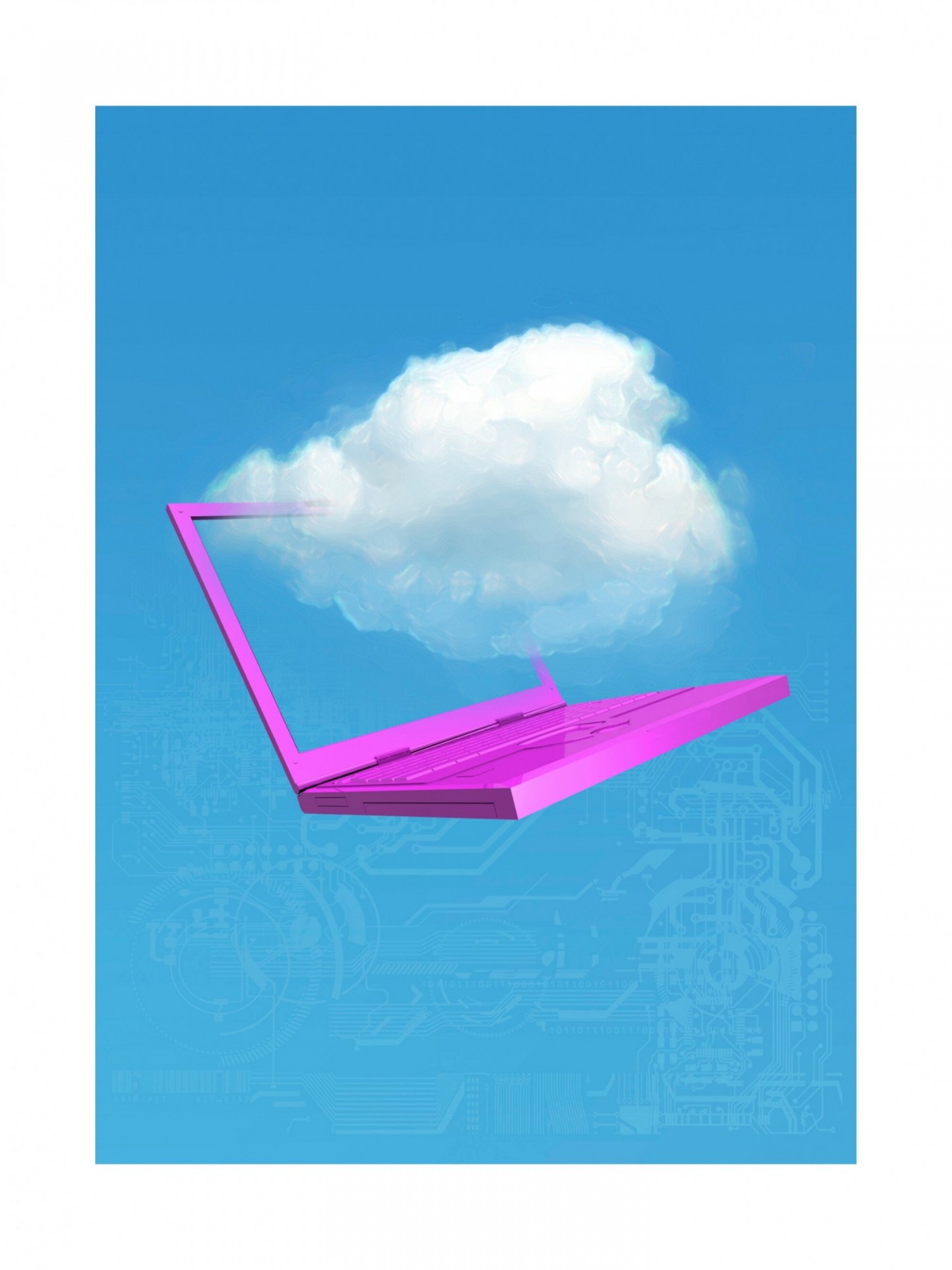 Pink computer floating in front of a blue background