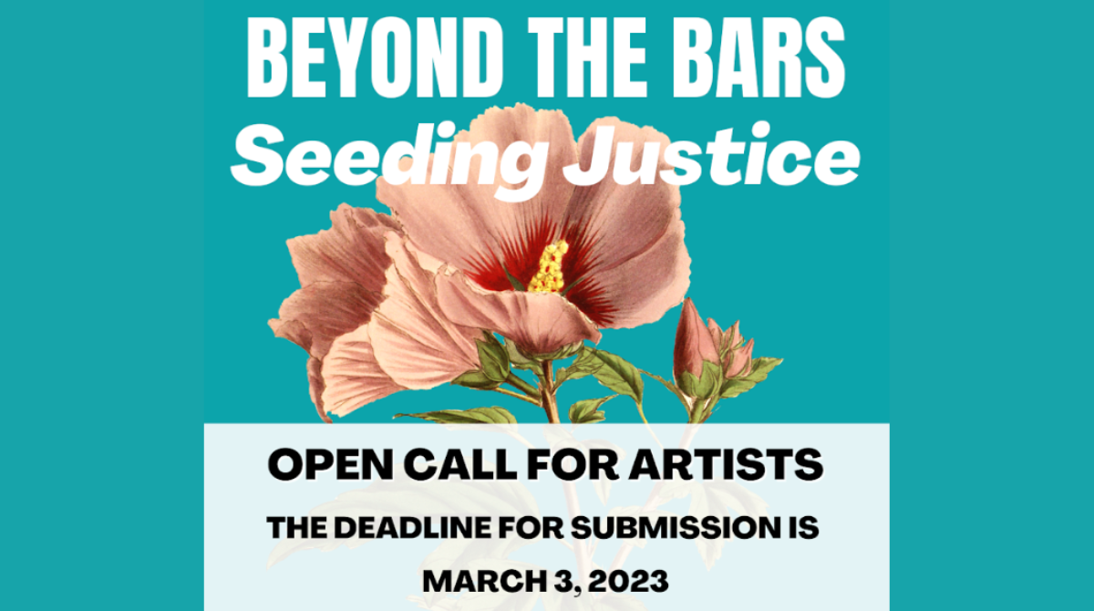 Greenish turquoise background with a pink flower and the words "Beyond the Bars: Seeding Justice. Open Call for Artists, The deadline for submission is March 3, 2023"