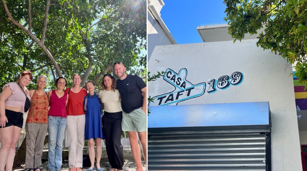 On the left, a group posing in front of a tree. on the right, the outside of a house that says "Casa Taft 169"