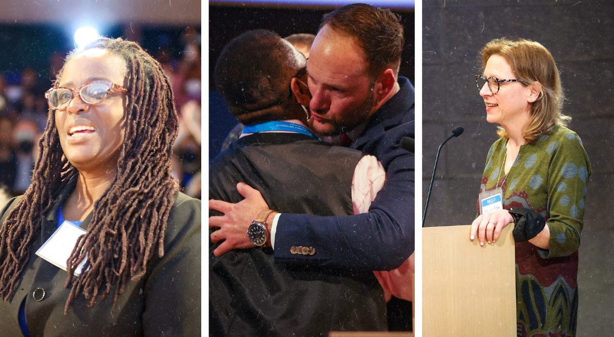 On the left, a picture of Senator Cordell Cleare smiling with the audience behind her; in the middle, a photo of Chesa Boudin hugging Cheryl Wilkins; on the right, CSSW Dean Melissa Begg speaking at a podium