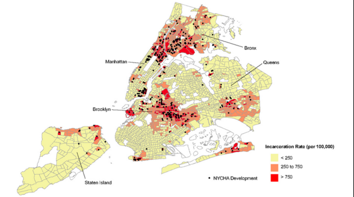 A map of Concentrated Incarceration and the Public-Housing-to-Prison Pipeline in New York City Neighborhoods