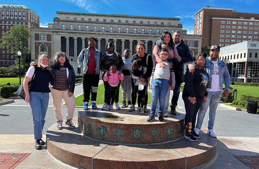 Tour group in front of Columbia building 
