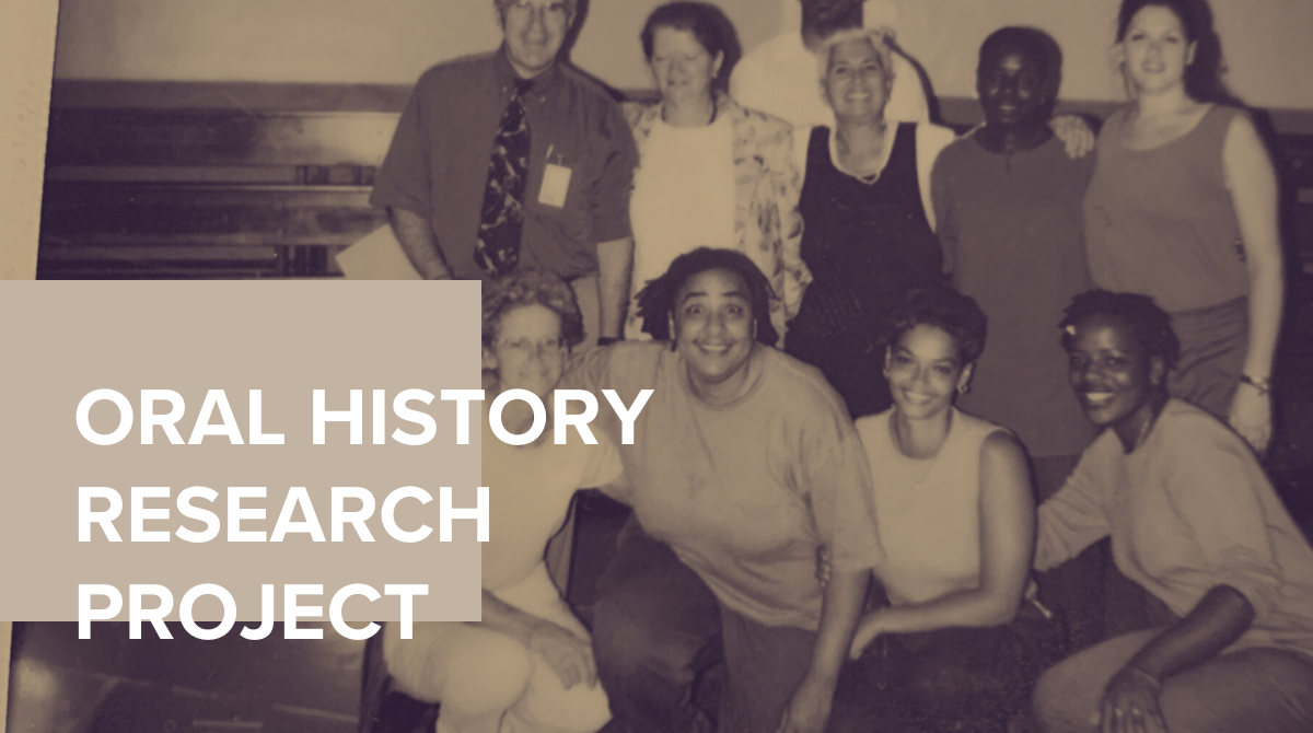 Group of College Bound participants inside Bedford Hills with a beige overlay and text that says "Oral History Research Project"