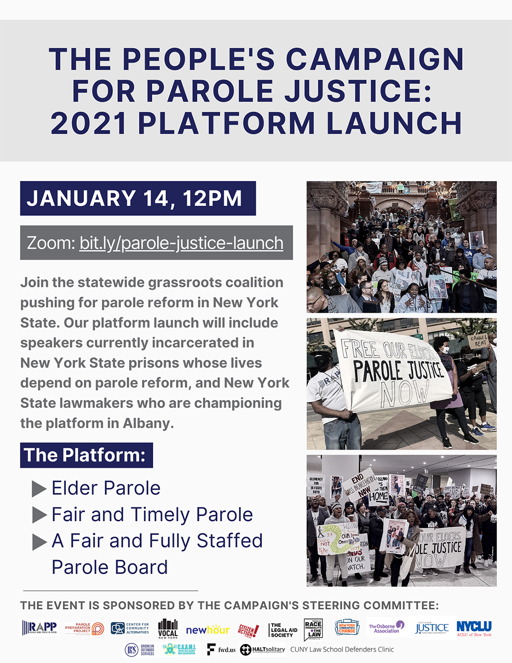 People's Campaign Parole Justice Platform Launch Flyer