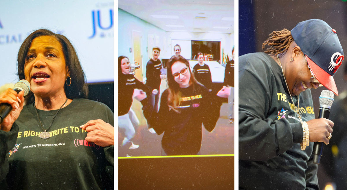 On the right, a Black woman, holding a microphone and pointing to herself while speaking; in the middle, a group of women from Maine Correctional Facility on the screen in a Zoom call sharing their writing pieces; on the right, a Black woman with a hat on holding a microphone and looking down and smiling